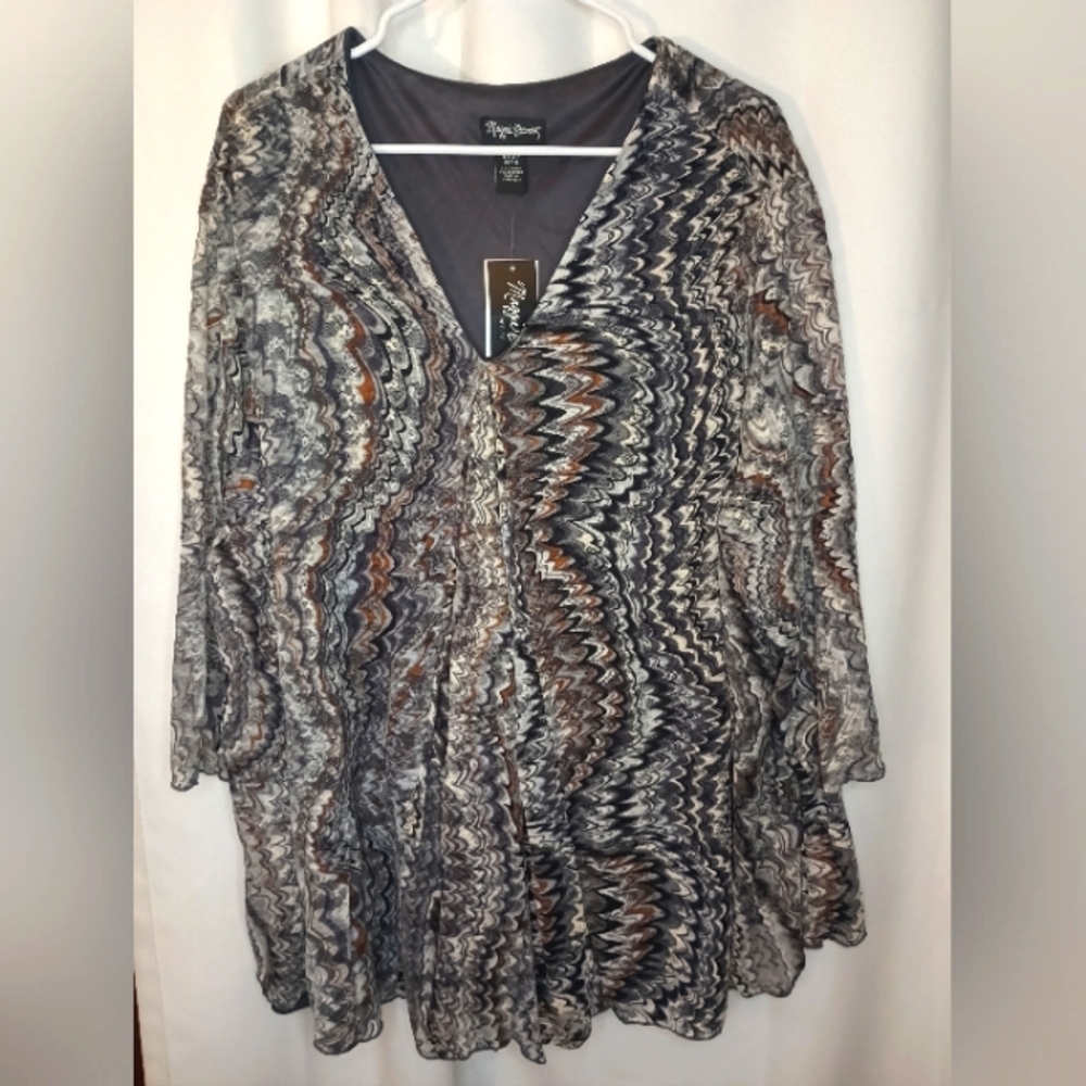 Maggie Barnes Lace Tunic Top 4XWP NWT V Neck Flowy Colorful Zig Zag Nylon Boho